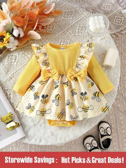 SHEIN Baby Girl Casual Bee Printed Patchwork Bodysuit With Ruffled Hem, Spring/Summer