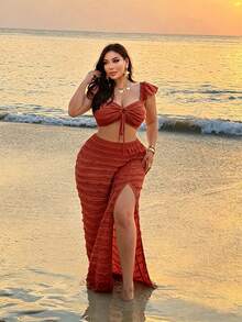 NU&NOW Plus Size Women Solid Color Pleated Top And Split Hem Skirt Casual Vacation Set - Redwood - View 2