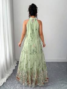 Elenzga Đầm không tay thêu màu xanh bạc hà thanh lịch dành cho nữ cỡ lớn, chất liệu chiffon mỏng manh, kiểu dáng bohemian, thích hợp cho kỳ nghỉ hoặc du lịch. - Màu xanh Bạc hà - Xem 2