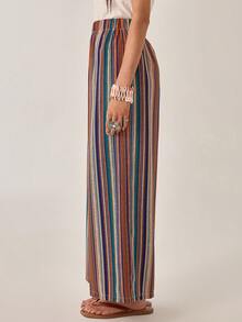 Florisole 新款度假裤、沙滩裤、波西米亚风裤、条纹印花裤、轻薄夏季沙滩裤、休闲宽松裤 - 咖啡棕 - 查看 3
