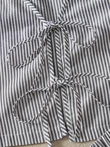 两件套女士休闲条纹编织图案露脐上衣和高腰宽松短裤套装 - 黑與白 - 查看 10