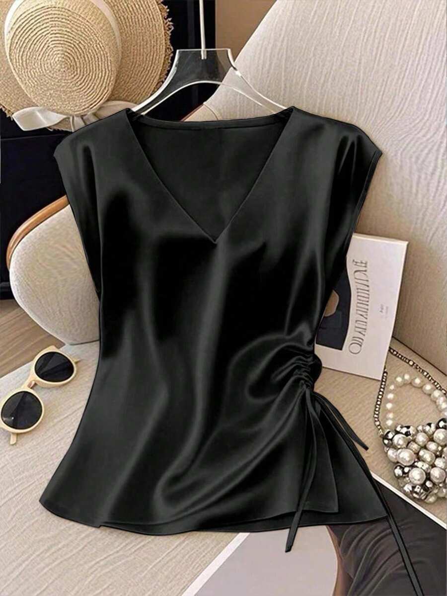 GlowEve Women's Elegant Solid Color V-Neck Side Drawstring Blouse, Summer - Black - View 1