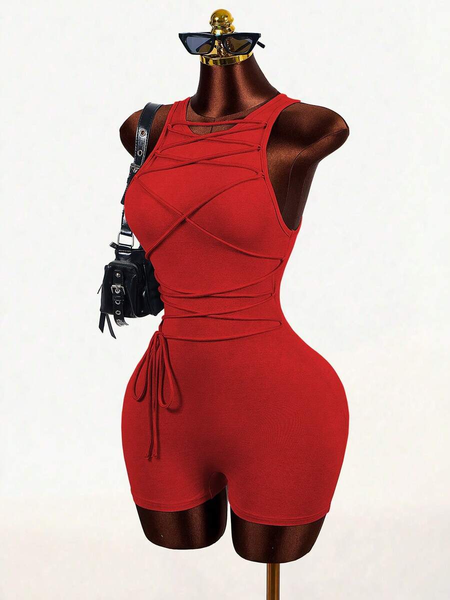 Mistrie Bộ jumpsuit ôm dáng không tay buộc dây kiểu dáng thường ngày mùa hè, thích hợp cho yoga, chạy bộ, jumpsuit bó sát dành cho nữ. - Đỏ - Xem 1