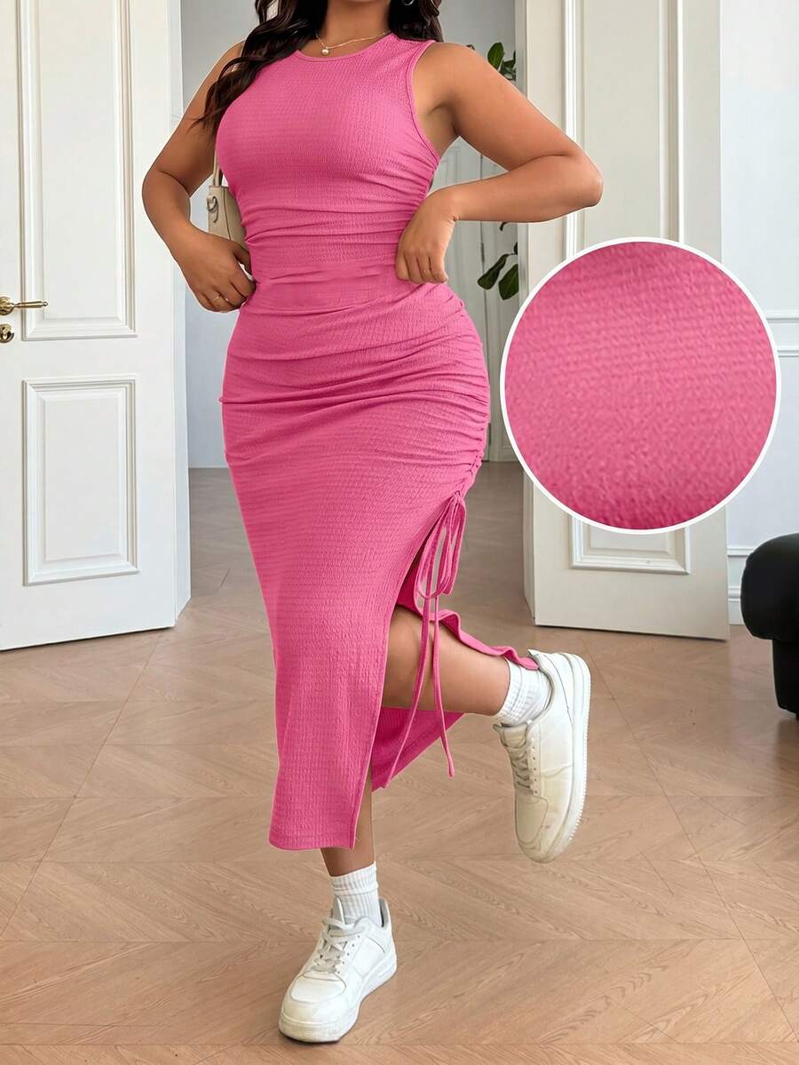 Solflare Plus Size Women Casual Ruched Side Slit Dress, Shirring, Wedding Guest Vacation Outfits, Beach Sundress, Festival, Birthday Dresses For Fuchsia - Hot Pink - View 1