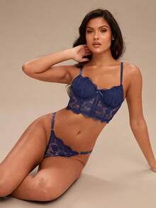 Enchnt 2pcs/Set Women's White Romantic Long Bra Lingerie Set - Navy Blue - View 6