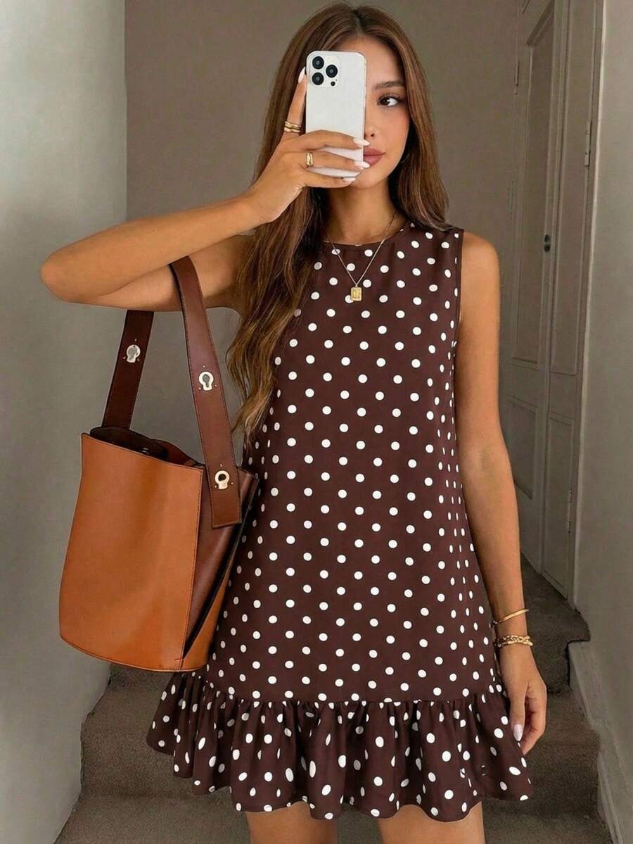 SHEIN Teen Girls' Round Neck Polka Dot Casual Summer Vacation Dress With Ruffle Hem - Khaki - View 1