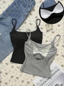 SHEIN Attitoon Bộ đồ hai mảnh cỡ nhỏ, kiểu dáng tối giản, màu đen và xám, áo hai dây có đệm, phù hợp cho mùa xuân/hè, đa năng. - màu đen - Xem 8