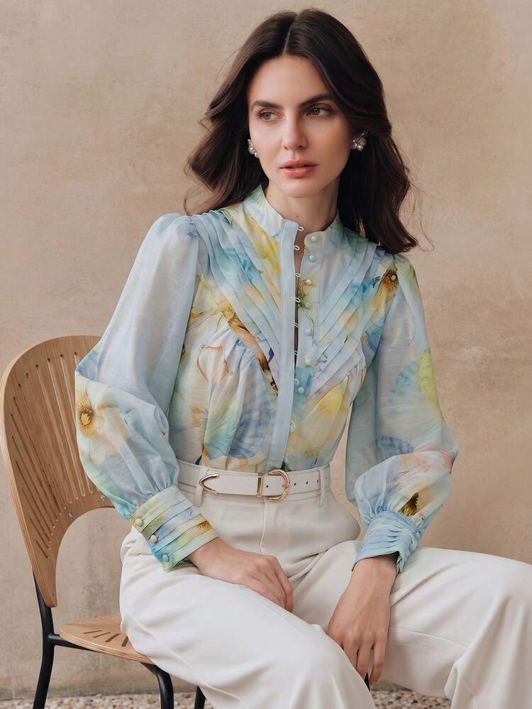 Spring/Summer New Light Blue Fresh Shell & Floral Print Collar Ruffle Long Sleeve Women Shirt