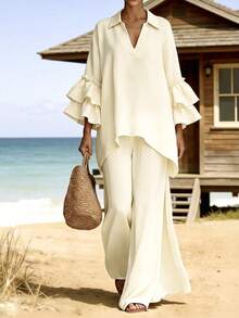 Breezaya Conjunto de 2 piezas de camisa de algodón tipo lino y pantalones de pierna ancha para mujer - Beis - Ver 6