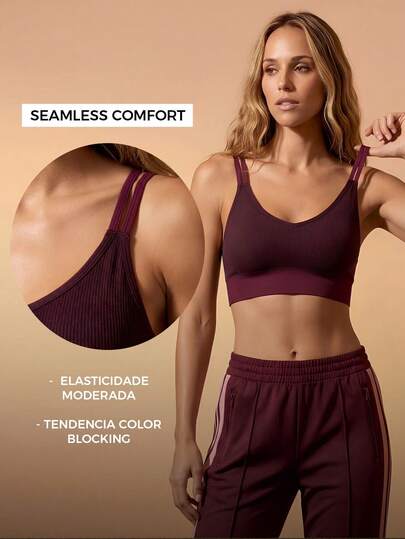 CAJUNI Seamless Contrast Color Patchwork Sports Bra