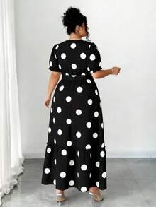 SHEIN PETITE CURVE 女士V领波点花瓣袖系带腰身优雅连衣裙，春夏款 - 黑與白 - 查看 2