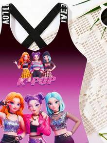 新款时尚女童连体泳衣，比基尼吊带连体裤，数码印花可爱交叉绑带，女童沙滩泳装 - 彩色 - 查看 4