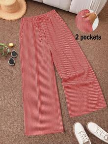 [Free Shipping]Plus Size Striped Heart Print Straight Leg Pants Women's Summer Pants Cute Pants For Woman Pants For Women Casual Wide Leg Pants Woman High Waist Women Pants - 紅色 - 查看 4