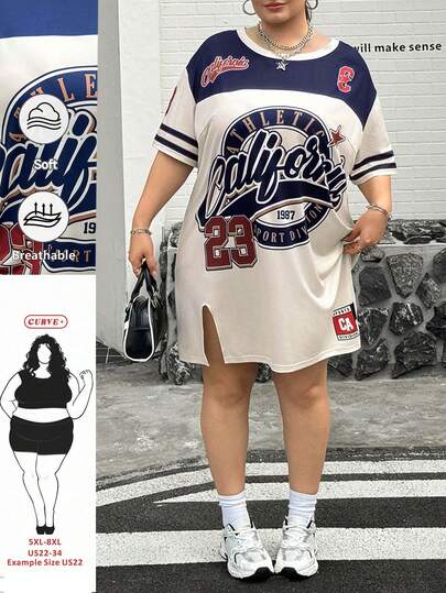 SHEIN CURVE+ New Summer Casual Street Sports Loose Fit Round Neck Long Sleeve T-Shirt Dress, Oversized Fit, 23 Digital Slogan Logo Print Patchwork Brown & White Graphic For Women