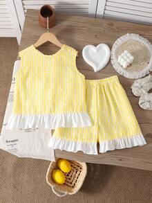 Conjunto de camiseta sin mangas con lazo y estampado de cuadros para niñas preadolescentes - Multicolor - Ver 3