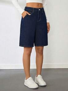 SHEIN Thời trang thiếu nữ tuổi teen, phong cách đường phố, phối đồ đa năng, thiết kế vintage Y2K cá tính, rộng rãi và thoải mái. Quần short denim ống rộng màu xanh đậm dành cho thiếu nữ tuổi teen, trang phục hàng ngày và trang phục dự tiệc mùa xuân hè, trang phục đường phố. - Màu xanh lam - Xem 3