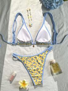 Swim Mod 女士可调节肩带碎花两件式比基尼套装，性感高开衩侧边度假泳衣，多种颜色可选 - 彩色 - 查看 5