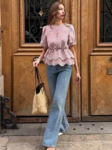 SHEIN PariChic Women's Light Pink Blouse,Summer Elegant Tea Party Short-Sleeve Round Neck Lace Trim,Floral Embroidery,Waist-Cinching Double-Layer Ruffled Hem Top - Baby Pink - View 5