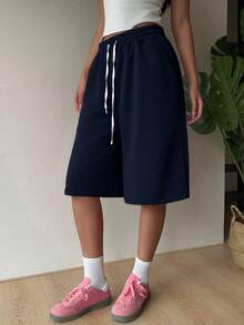 SHEIN Muchic Plus Size Navy Blue Casual Women Drawstring Waist Wide Leg Shorts - Navy Blue - View 6