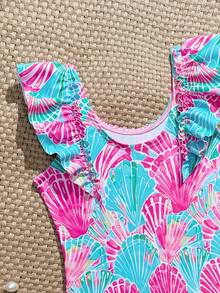 SHEIN Traje de baño de una pieza con estampado de fresa y falda de volantes de malla para niñas, lindo para vacaciones - Multicolor - Ver 4
