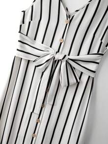 SHEIN Franclia 女士梭织条纹系带蝴蝶结V领无袖侧开衩休闲度假连衣裙，春夏款 - 黑與白 - 查看 6