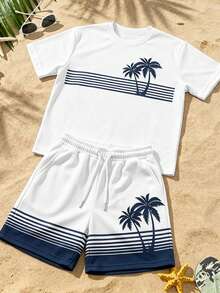 Manfinity RSRT Bộ đồ nam thường ngày gồm áo thun ngắn tay và quần short có dây rút, họa tiết cây nhiệt đới kẻ sọc. - Nhiều màu - Xem 3