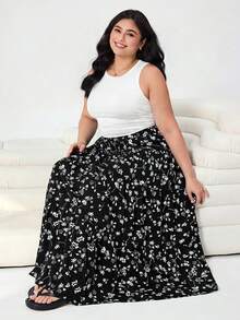 SHEIN EZwear 大码女式休闲纯色连体衣和碎花迷你裙两件套，春夏款 - 黑與白 - 查看 5