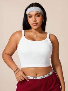 SHEIN Rhythm Era Plus Size White Curved Hem Sports T-Shirt Fitness Ribbed Shoulder Strap Top U-Neck Racerback Sports Tank Top - White - View 3