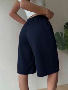 SHEIN Muchic Plus Size Navy Blue Casual Women Drawstring Waist Wide Leg Shorts - Navy Blue - View 2