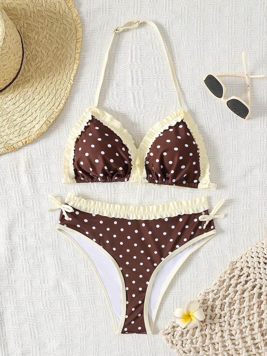 SHEIN Teen Girls Vintage Brown With White Polka Dot Print Cute Cake Ruffle Halter Low Waist Bikini Set, Summer Style Teen Girl - Brown - View 1