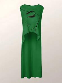 SHEIN Abstract Face Print Sleeveless A-Line Front Short Back Long Women Shirt - Green - View 3