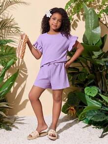2pcs Set Liburan Kasual untuk Anak Perempuan Remaja: Atasan Lengan Pendek & Celana Pendek Pinggang Elastis - Mauve Purple - View 3