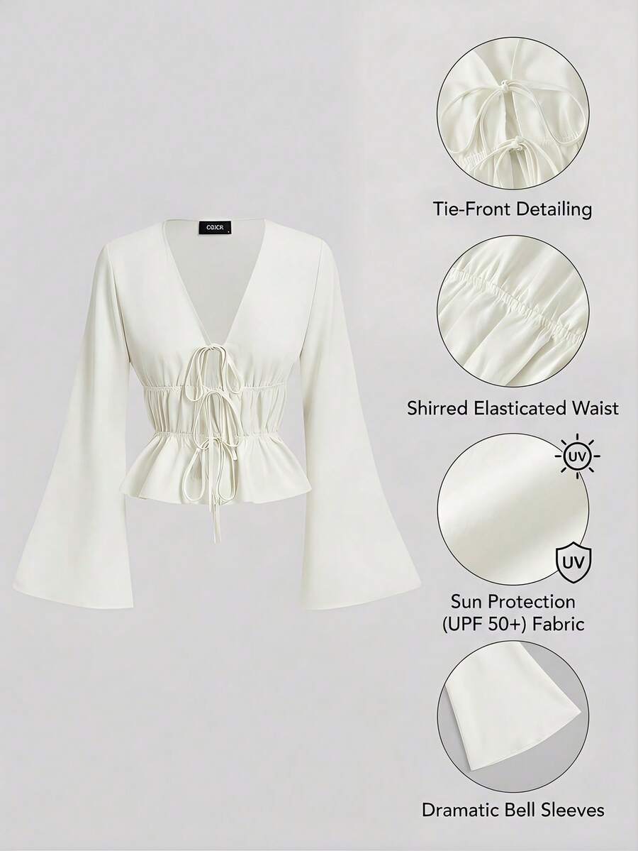 SHEIN MOD Blusa de mujer con mangas acampanadas y nudo delantero en blanco, disfraz calado, top de pirata vintage, ropa hippie, blusas para salir con protección UV - Blanco - Ver 1