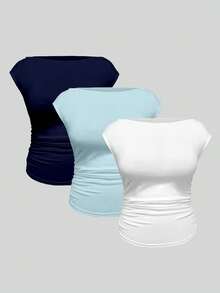 EMERY ROSE Plus Size 3 Pack Solid Boat Neck Cap Sleeve Side Ruched Slim Fit Curved Hem Cropped Basic T-Shirt Women Summer Casual Tee Multipack Set - Multicolor - View 1