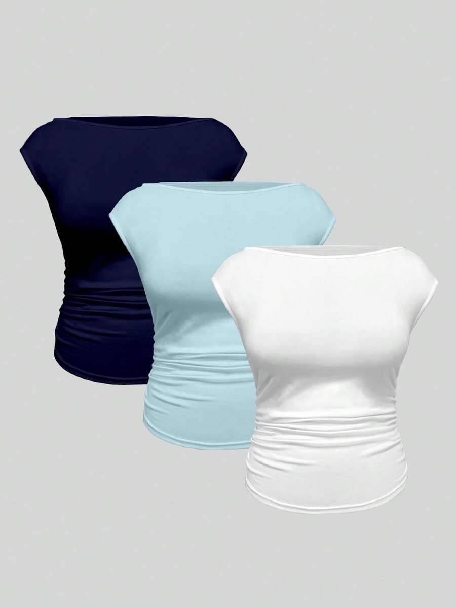 EMERY ROSE Plus Size 3 Pack Solid Boat Neck Cap Sleeve Side Ruched Slim Fit Curved Hem Cropped Basic T-Shirt Women Summer Casual Tee Multipack Set - Multicolor - View 1