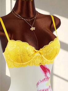 Amplova Lace Cup Detail Tropical Floral Mesh Bodycon Mini Dress - Yellow - View 5
