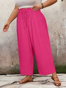 SHEIN CURVE+ Plus Size Casual Solid Color Loose Fit Long Pantssummer/Country/Beach Vacation Outfits/Beach Outfits/Beach Wear - Hot Pink - View 5