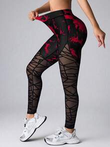 Gameset SHEIN Sport 女士网眼拼接休闲百搭日常穿着及运动紧身裤 - 酒紅色 - 查看 4