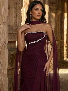 Glamrae Elegant Wine Red High-Stretch Mesh Strapless Dress,Pearl & Diamond Waist Decor Ruched A-Line Fishtail Skirt With Detachable Halter For Wedding,Formal - Burgundy - View 4