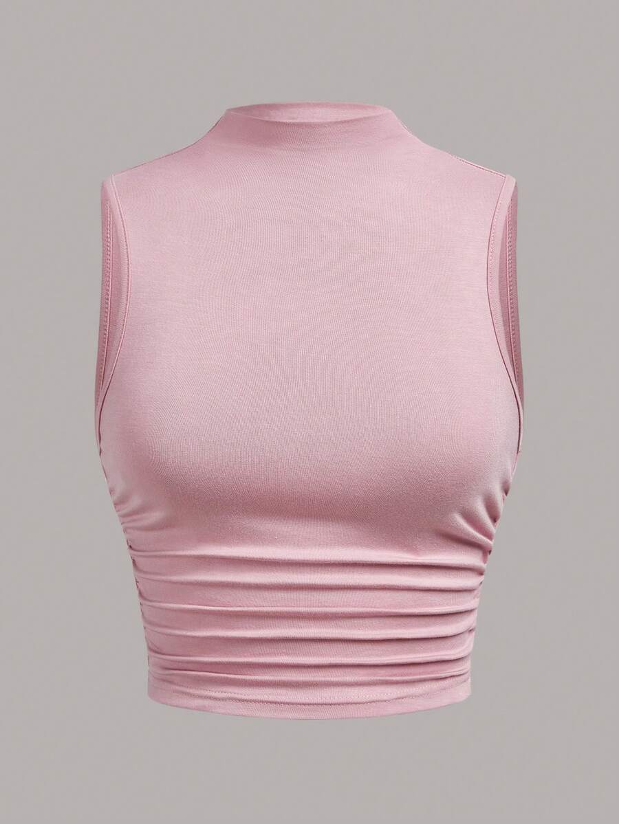 SHEIN EZwear 女士高领侧边褶皱白色夏季背心,粉色 - 粉色 - 查看 1