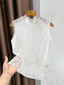 SHEIN Franclia 女士优雅性感透视蕾丝无袖黑白两件套上衣 - 彩色 - 查看 3