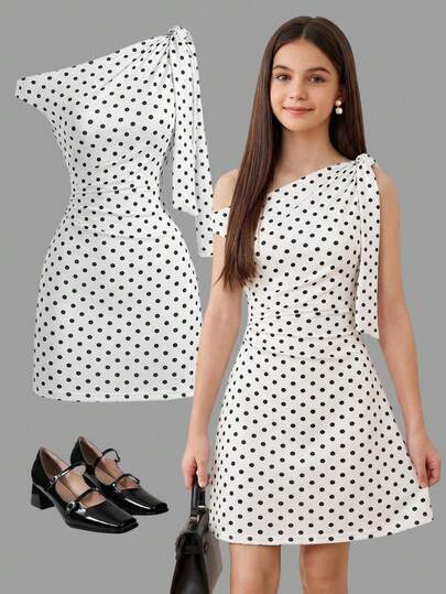 Girlism Vestido ajustado con hombros oblicuos y volantes con estampado de lunares para adolescentes, con cintura ceñida y falda mini de estilo francés chic
