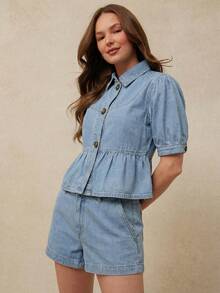 Áo denim pha cotton cổ bẻ cài cúc phía trước, tay ngắn cánh hoa xếp ly, phần eo xòe rộng, kiểu dáng đồng quê miền Tây mùa hè, phong cách cao bồi Nashville, thích hợp cho buổi hòa nhạc ở Nashville. - Rửa nhẹ - Xem 5
