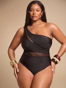 SHEIN BAE Plus Size Women Summer Beach Vacation Solid Color Splice Mesh One-Piece Swimsuit - Black - View 7