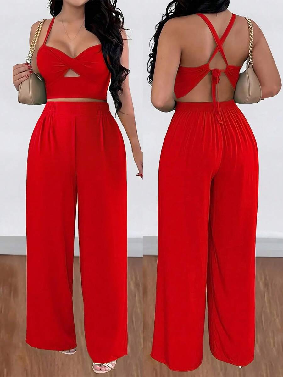 EMERY ROSE Sexy Casual Vacation Twist Back Tie Strap Loose Wide Leg Plus Size 2 Pieces Set - Red - View 1