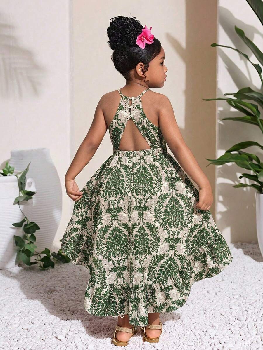 Vestido de halter sin mangas con estampado floral, elegante y minimalista para niña - Verde - Ver 1