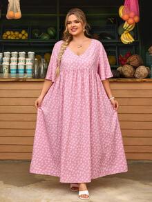 SHEIN CURVE+ Vestido casual de mujer talla grande con estampado floral diminuto, vestido de mujer rosa y colorido, vestido holgado tipo babydoll, para verano - Rosa - Ver 6
