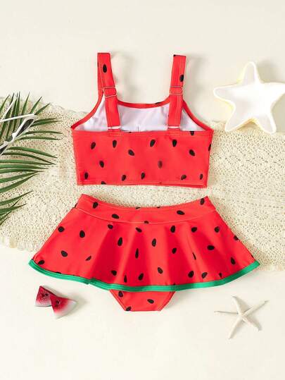 SHEIN Bộ đồ bơi 2 mảnh in hình dưa hấu phối nơ màu tương phản cho bé gái, thích hợp cho kỳ nghỉ hè ở bãi biển.