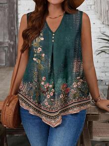 EMERY ROSE Plus Size Floral Print V-Neck Sleeveless Shirt, Suitable For Summer - Multicolor - View 5