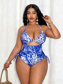 Slaydiva Bộ đồ bơi liền thân cỡ lớn dành cho nữ, họa tiết da báo, kiểu tam giác và quần buộc dây bên hông, thích hợp cho kỳ nghỉ biển. - Xanh và trắng - Xem 3